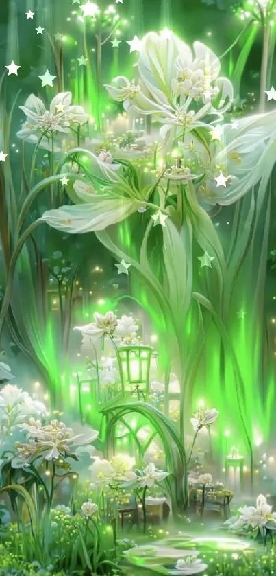 Fantasy floral wallpaper with glowing green and white flowers.