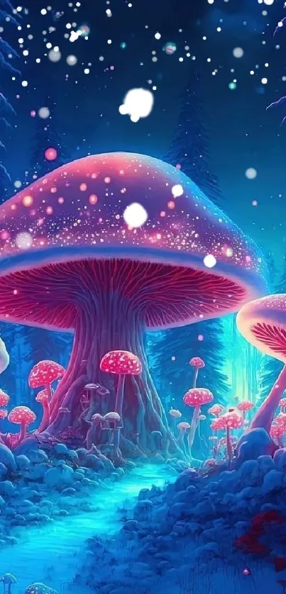 Fantasy glowing mushroom forest with blue hues and neon accents.