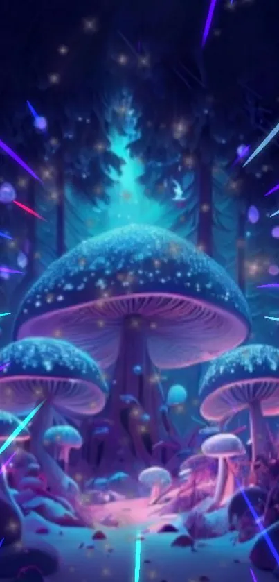 Mystical forest wallpaper with glowing mushrooms and neon lights.