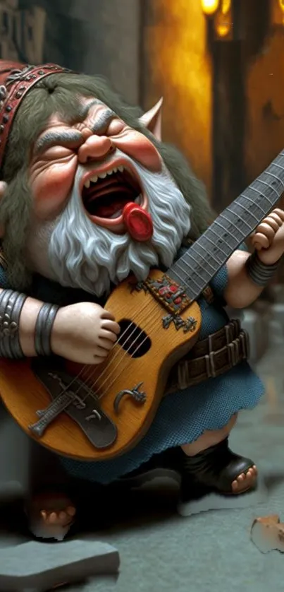 Gnome playing guitar in a fantasy setting, vibrant and whimsical art.