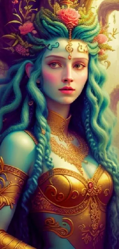 Fantasy goddess with blue hair and golden armor in an enchanted forest.