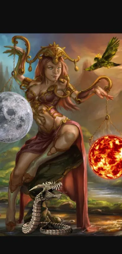 Fantasy goddess with moon and sun on surreal background.