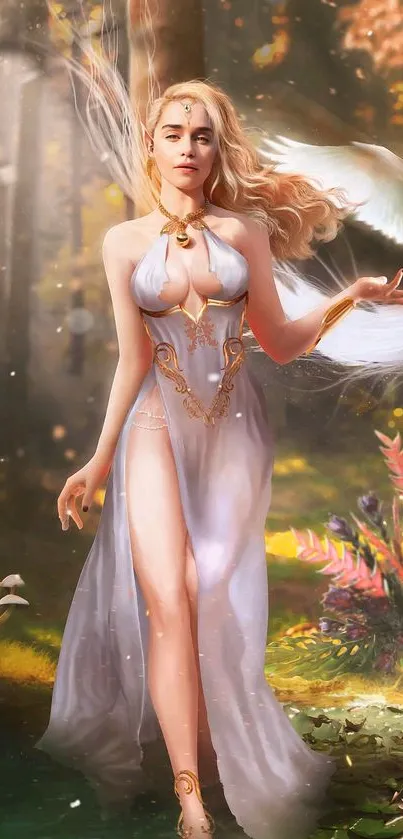 Fantasy goddess in a forest with mystical elements.