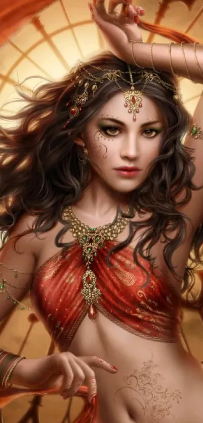 Fantasy goddess in scarlet, intricate golden background.