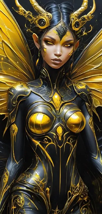 Fantasy warrior fairy in golden armor with wings, stunning design.