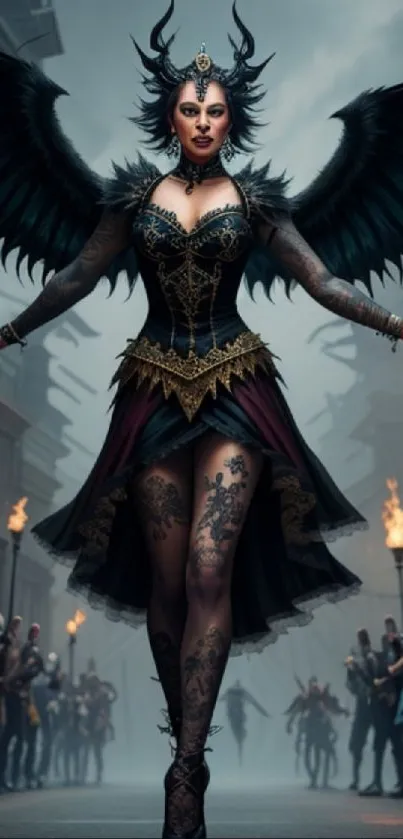 Fantasy Gothic angel with black wings in a dark city setting.