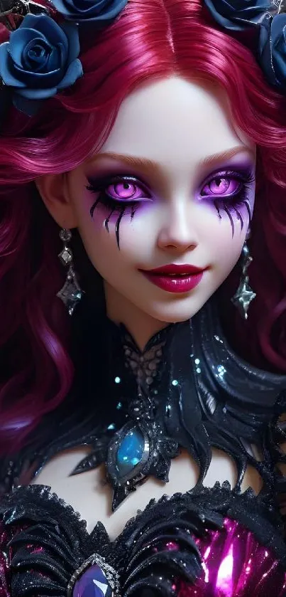 Gothic fantasy anime character with vibrant red hair and intricate design.