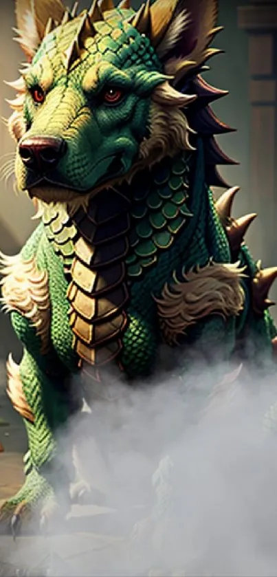 Green dragon with scales and fog in a fantasy setting.