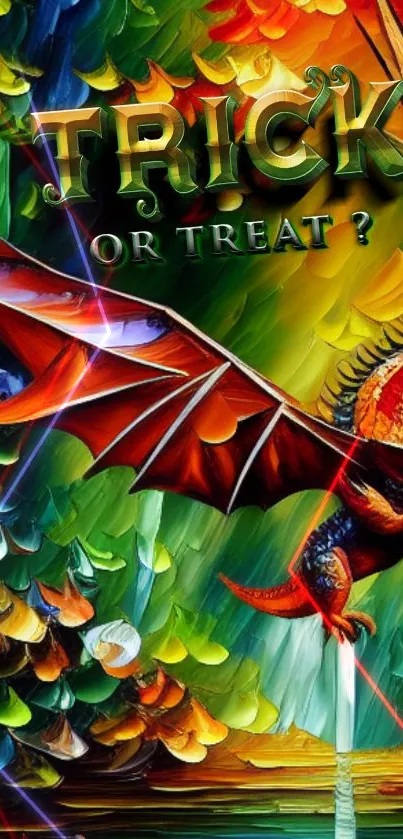 Colorful dragon with text 'Trick or Treat'. Fantasy mobile wallpaper art.