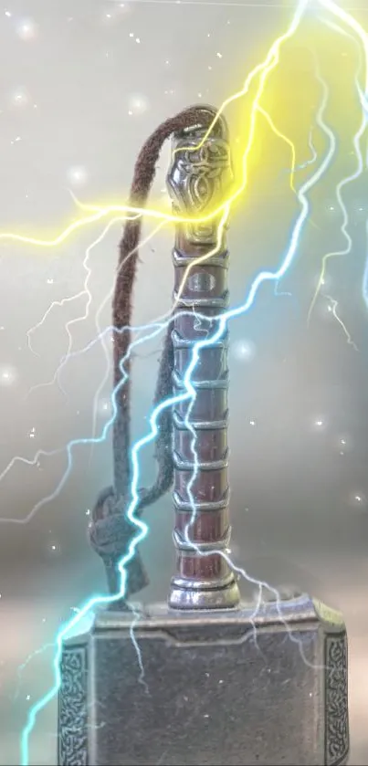 Fantasy hammer with blue and yellow lightning on display.