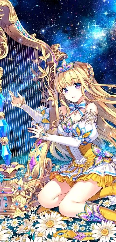 Anime girl with harp under starry sky, surrounded by daisies.