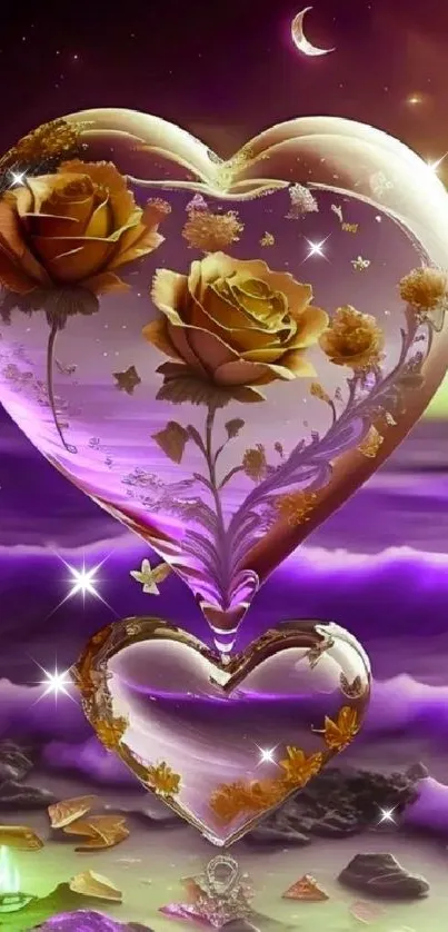 Fantasy heart with roses over a purple sea.