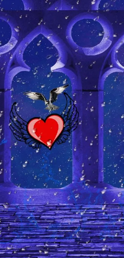 Fantasy wallpaper with a heart and wings on a starry blue background.