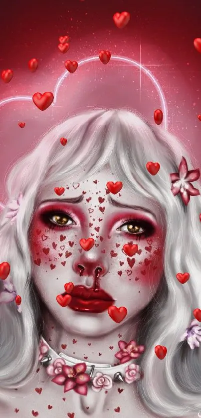 Fantasy girl with heart motifs on a red background.