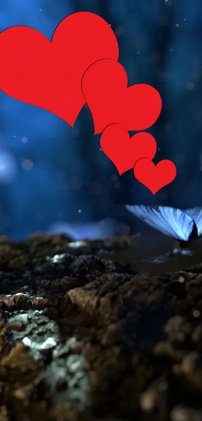 Fantasy mobile wallpaper with red hearts and blue butterflies on a night background.