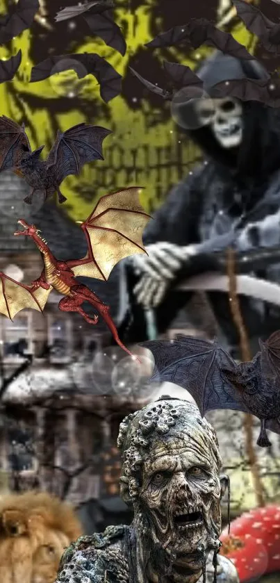 Grim reaper and creatures on a dark fantasy wallpaper.