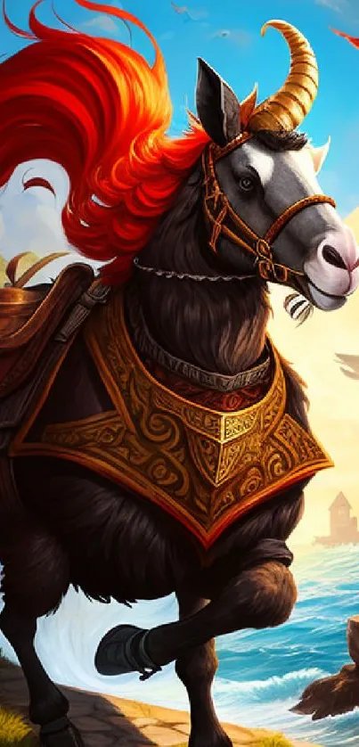 Fantasy horse with red mane by the seaside in vibrant art style.