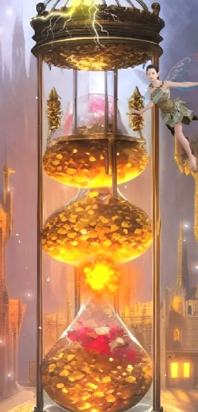 Fantasy scene with a glowing hourglass and a mystical castle backdrop.