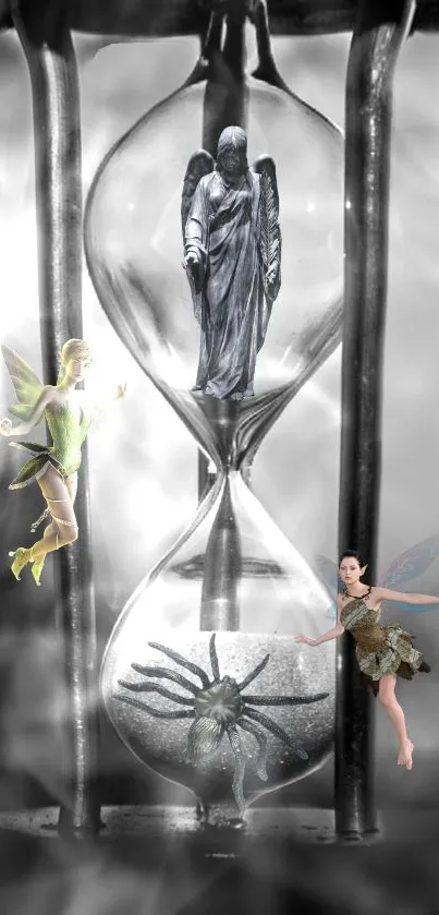 Fairies and angel statue around an hourglass.