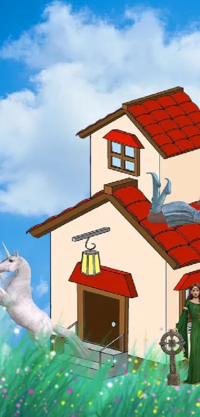 Fantasy wallpaper with house, unicorn, and enchanted creatures in a blue sky.