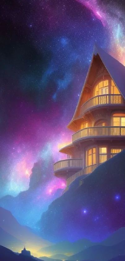 Fantasy house under a vibrant starry sky wallpaper.