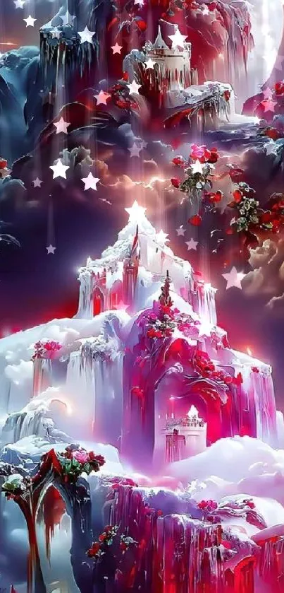 Fantasy ice castle with stars and moonlit sky in vibrant colors.