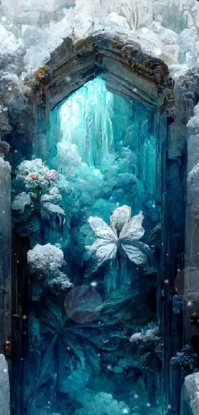 Fantasy ice cave portal with teal hues.