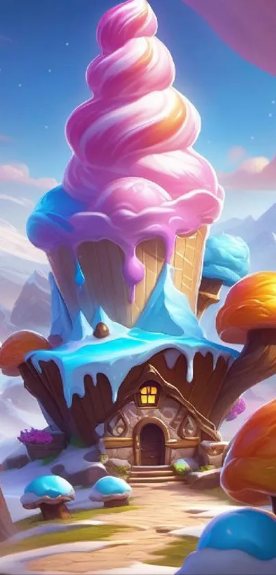 Whimsical fantasy ice cream cottage with mountains.