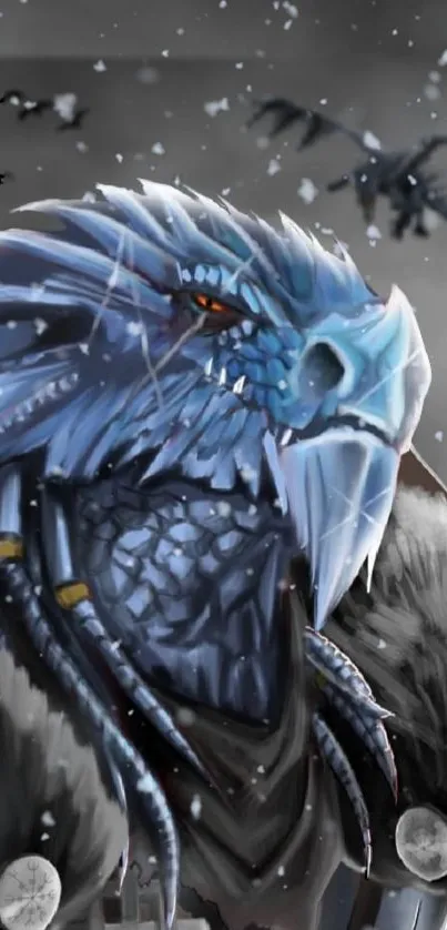 Fantasy ice dragon surrounded by snow in winter scene.