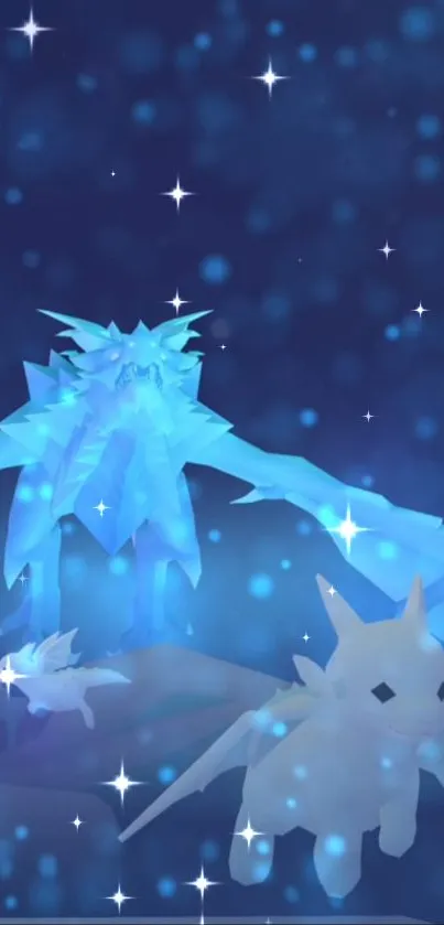 Fantasy ice dragon with stars in a snowy night sky wallpaper.