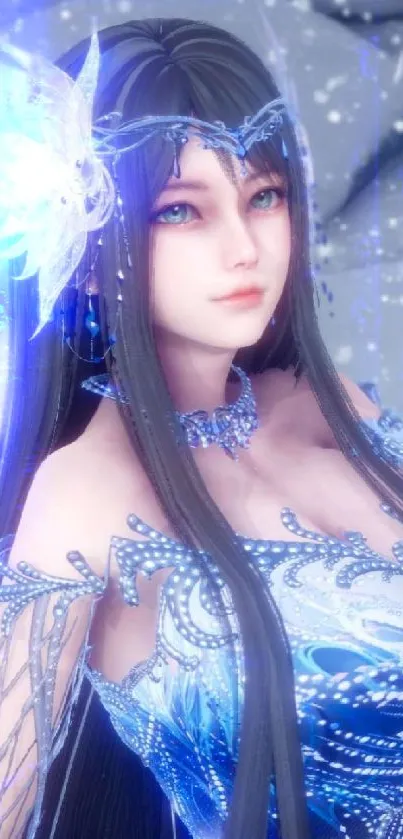 Fantasy ice princess with blue hues and magical snowflakes.