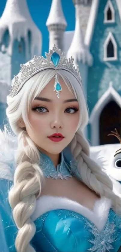 Fantasy ice queen with crown and snowman