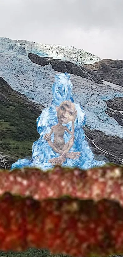 Surreal icy mountain with fantasy figure.
