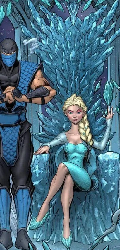 Graphic of duo on an icy throne in a fantasy setting.