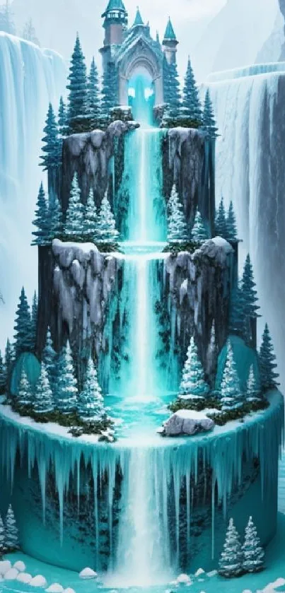 Fantasy ice castle with a waterfall in aqua hues.