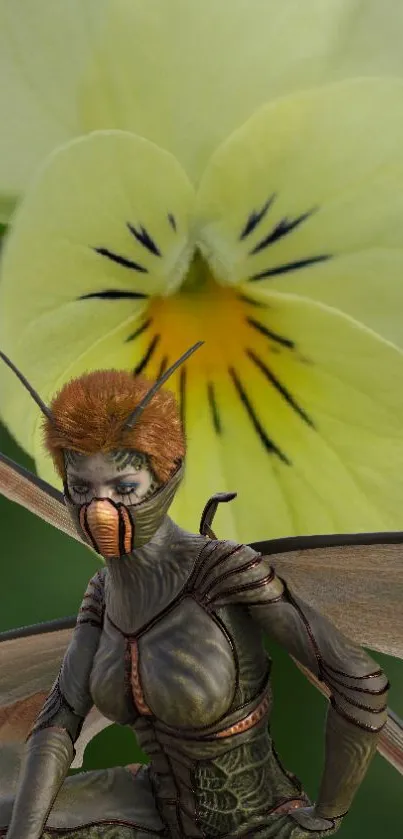 Fantasy insect warrior with yellow flower backdrop.