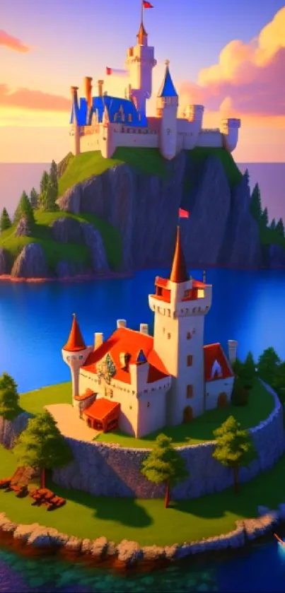 A vibrant fantasy island with castles at sunset.