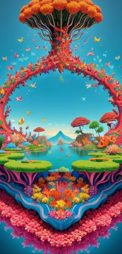 Vibrant fantasy island wallpaper with colorful flora and serene sky scene.