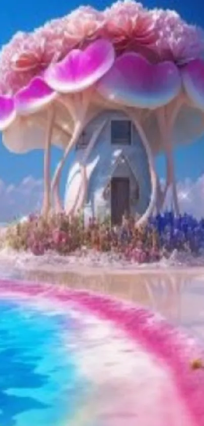 Surreal island with pink trees and blue ocean, creating a dreamy fantasy wallpaper.