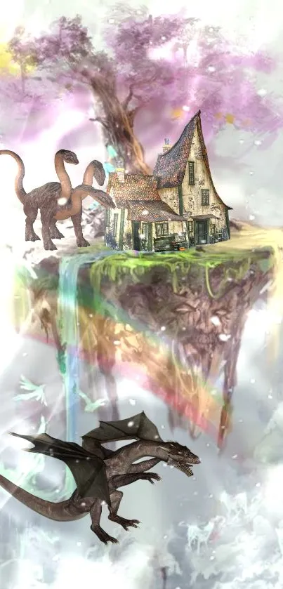 Floating island with dinosaurs and a mystical house.