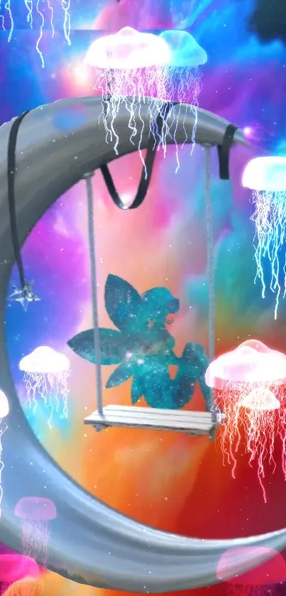 Fairy swings on crescent moon amid glowing jellyfish and colorful nebula.