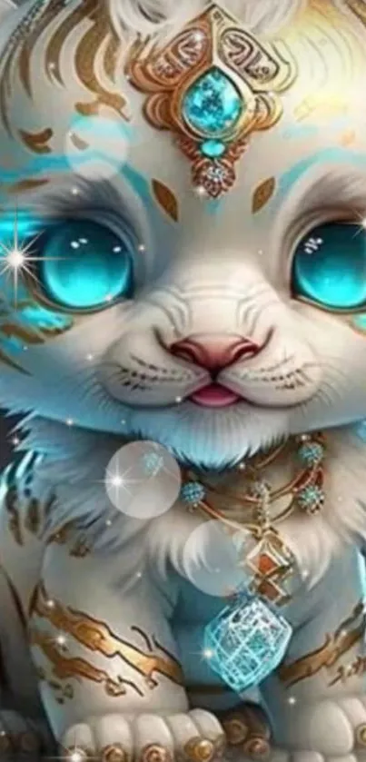 Fantasy white tiger with blue jewel-like eyes and golden patterns.