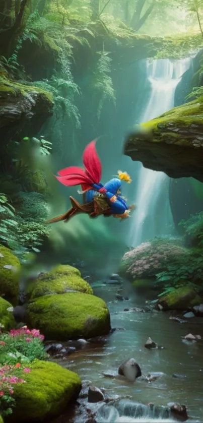 Fantasy creature flying in a lush jungle with waterfall.