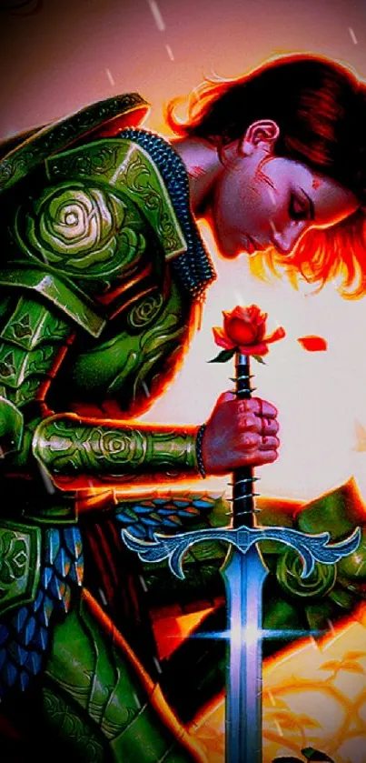 Fantasy knight in armor holding a sword and rose, against a bright background.