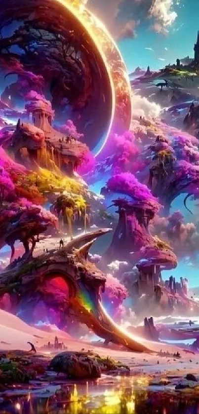 Vibrant fantasy landscape with surreal skies and magical trees.