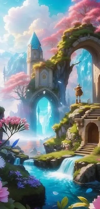 Fantasy landscape wallpaper with castle and vibrant flowers.