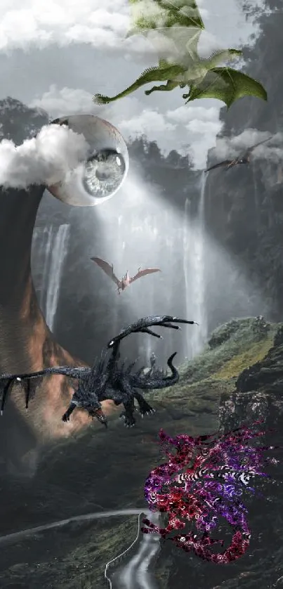 Surreal fantasy landscape with dragons and mythical creatures on mobile wallpaper.