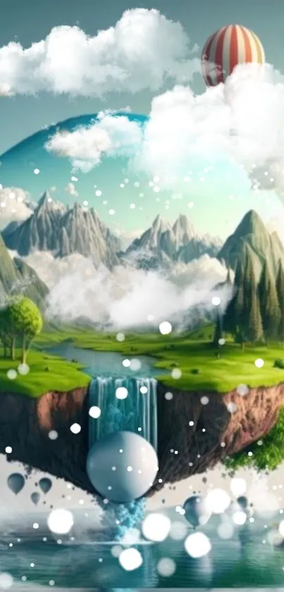 Fantasy landscape wallpaper with floating island and hot air balloons.