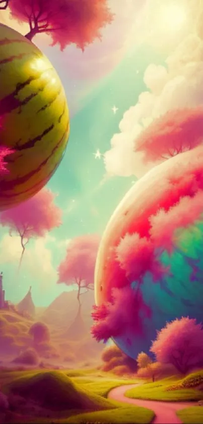 Fantasy landscape with orbs and pink trees in vibrant colors.