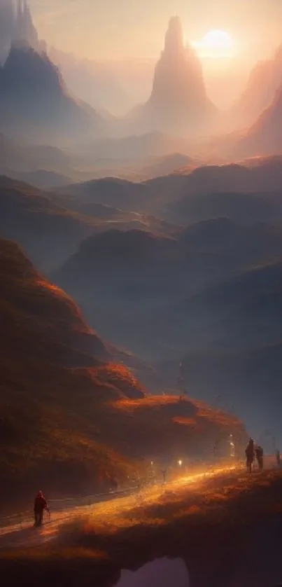 Majestic sunset over fantasy mountains with a solitary walking figure.